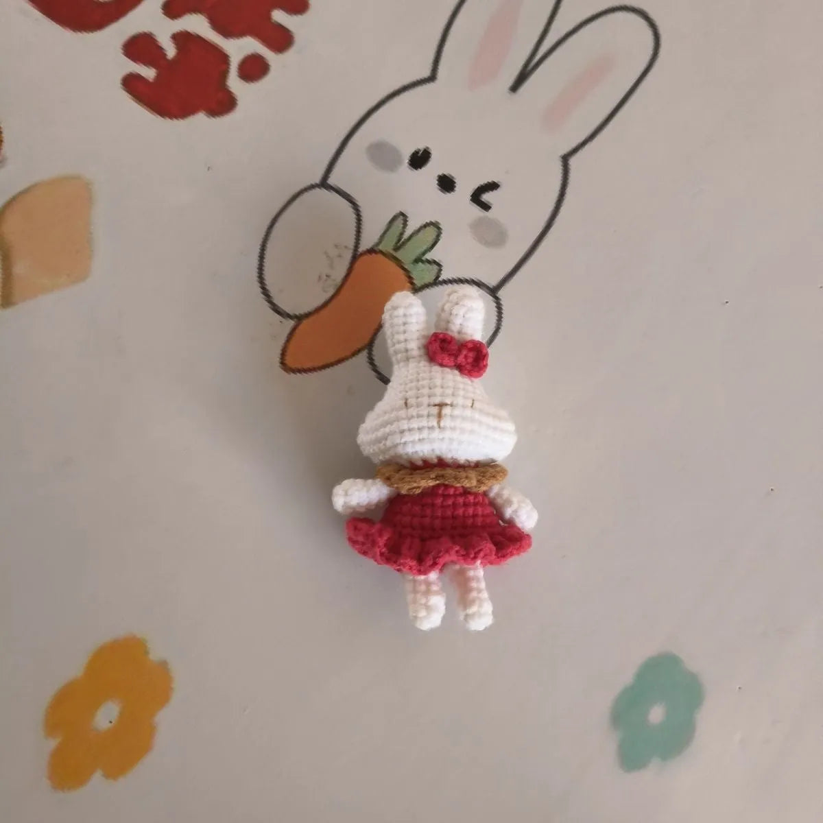 Hand-crocheted wool rabbit key chain pendant with optional metal ring attachment