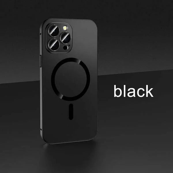 Aluminium alloy phone case with magnetic snap closure and lens protection for iPhone, shown in dark purple with nickel piece