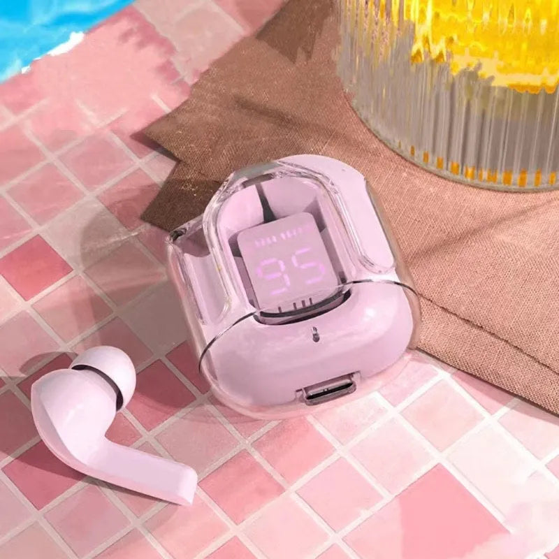 Transparent case true wireless Bluetooth earphones with digital display in five colour options