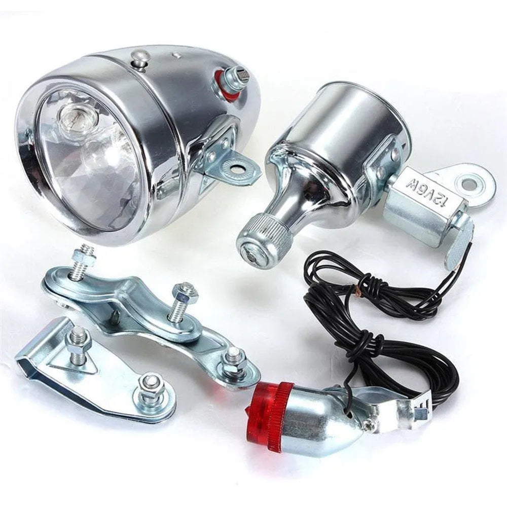 Silver bicycle generator light modification kit with dynamo for friction-powered 12V 6W lighting