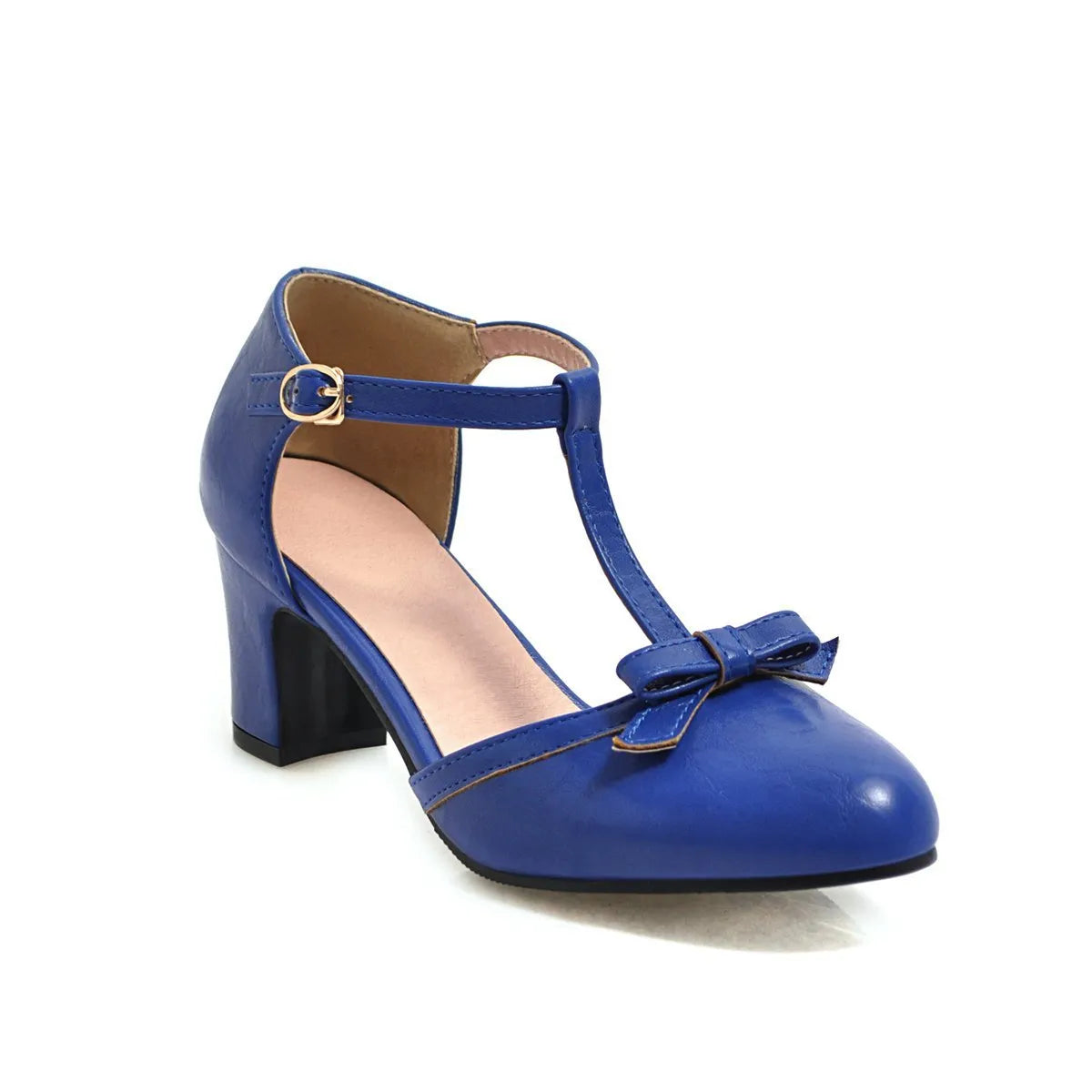 Women's chunky heel sandals with 6.5cm mid-heel, adjustable buckle strap, and round toe design in apricot colour