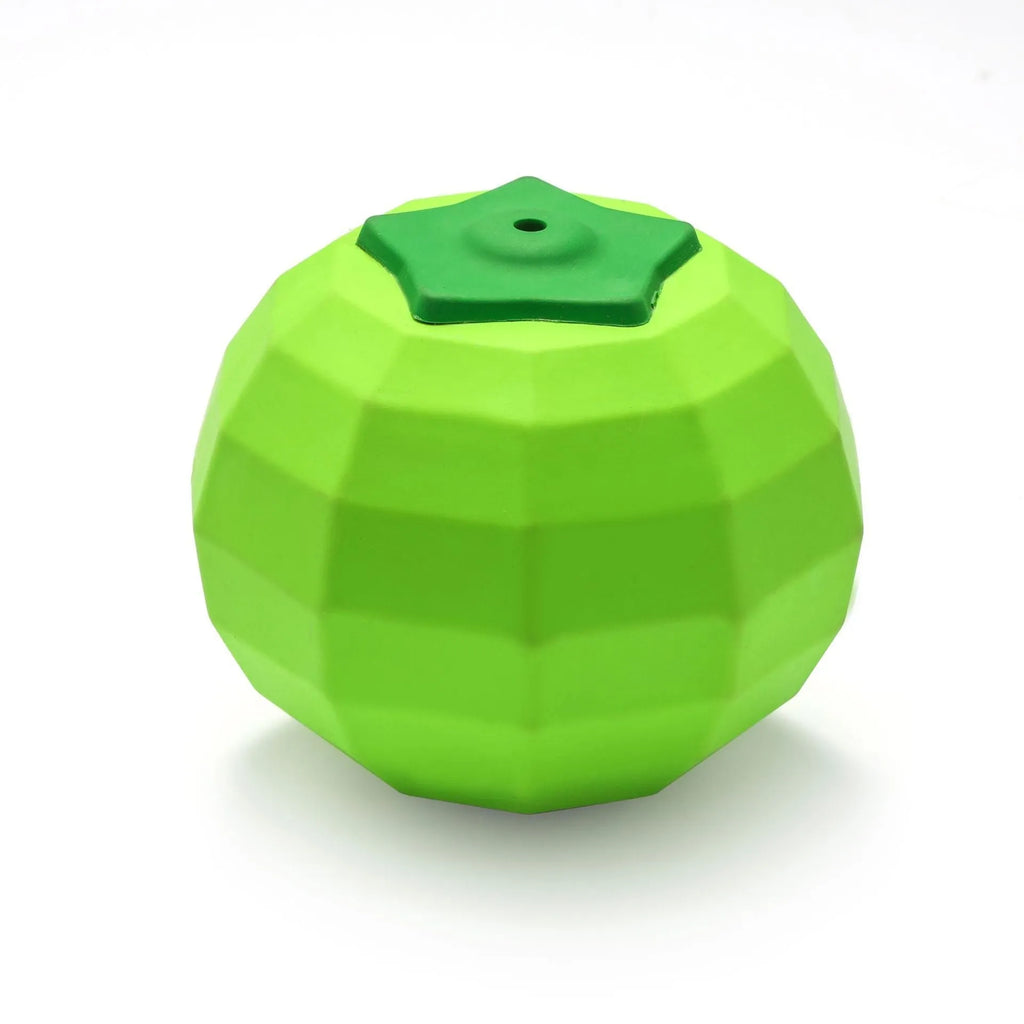 Green natural rubber dog ball with squeaker for aggressive chewers, measures 90x86x80mm