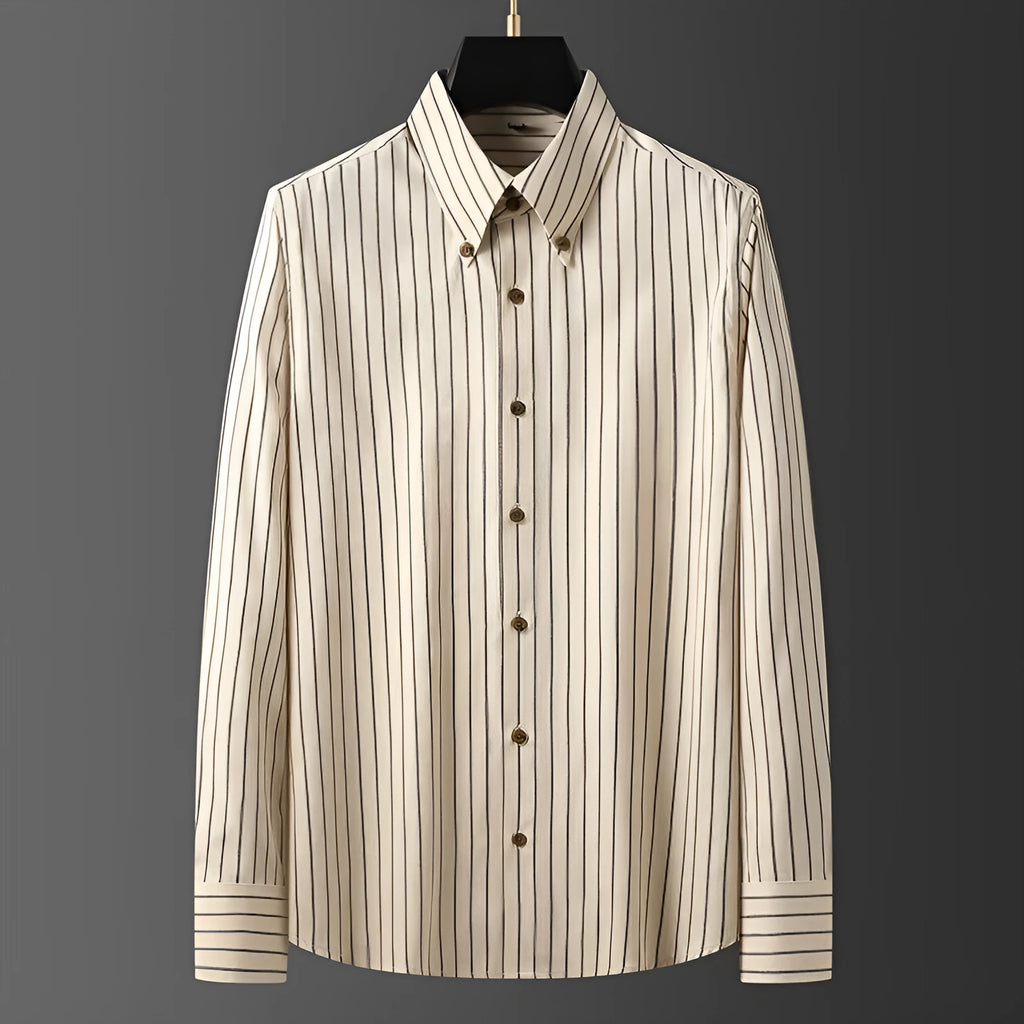 Coffee coloured striped men's long-sleeved shirt with a slim fit and wool lining on a hanger.