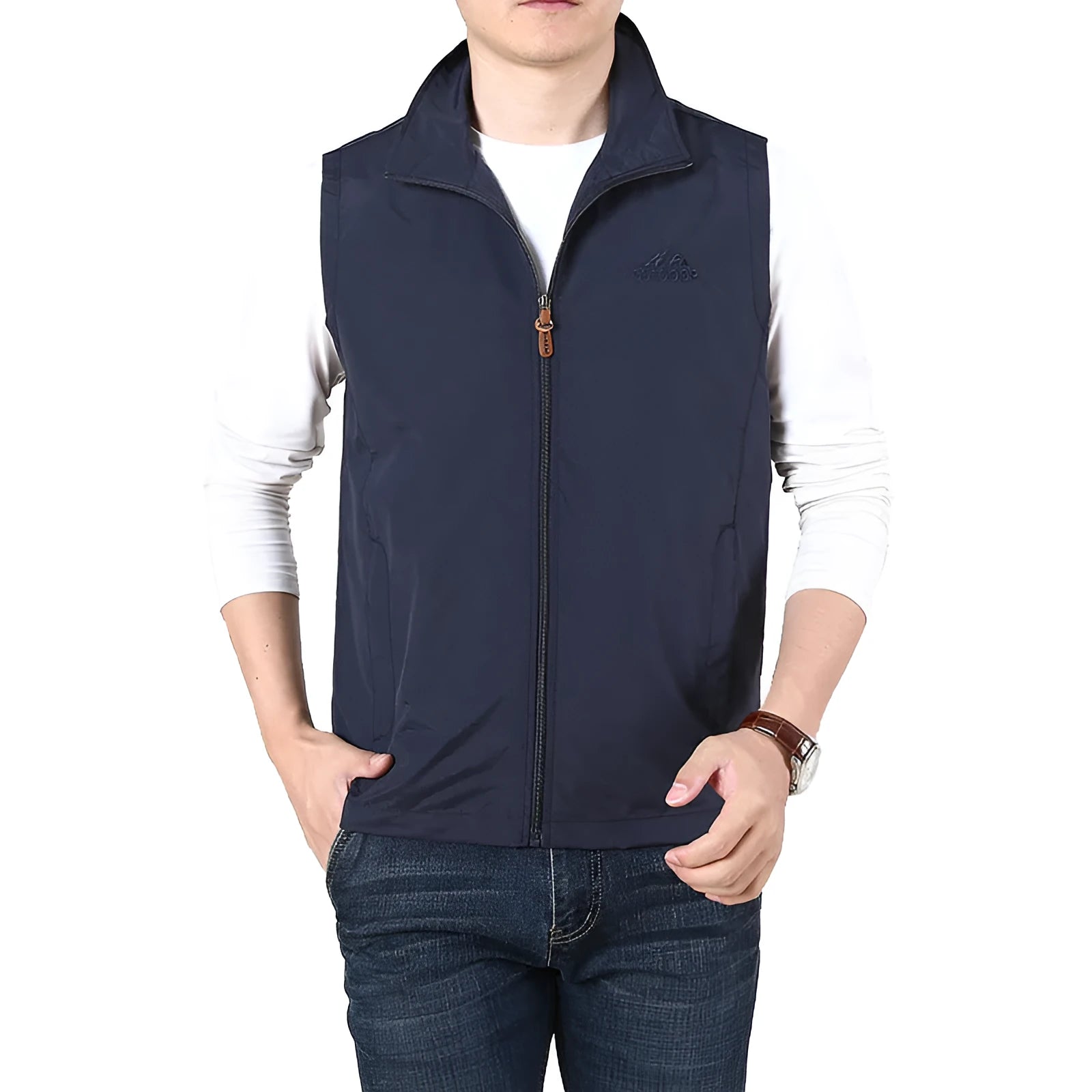Men's solid colour thin waistcoat vest with side pockets shown in khaki colour, laid flat.