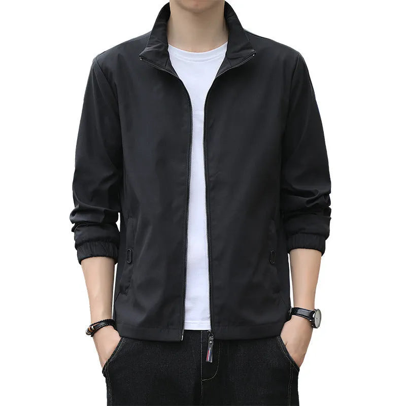 Korean-style loose lapel autumn jacket in navy blue with zipper pockets, shown on model for size reference