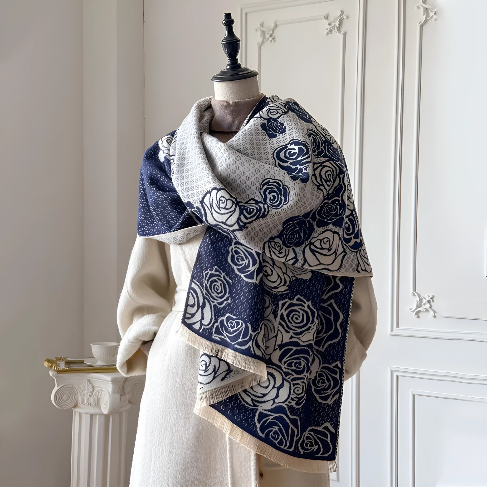 Imitation cashmere thick warm scarf shawl with tassel details in grey colour