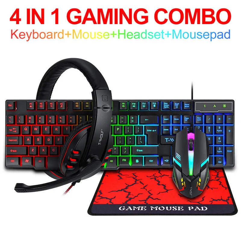 Thunder Wolf T800 wired keyboard and mouse set with headset and mouse pad on desktop