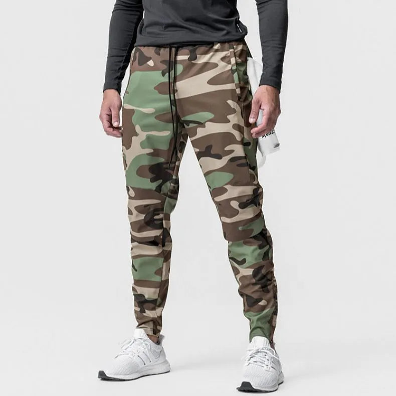 Men's grey fitness trousers with ankle-tied design, quick-drying polyester fabric for exercise