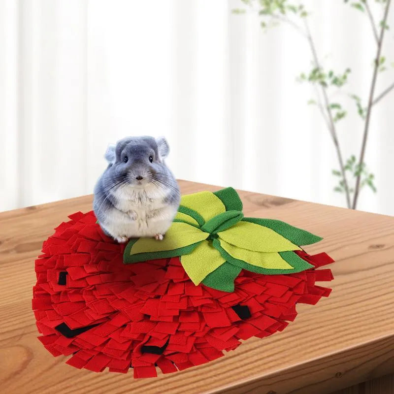 Red and green strawberry-shaped pet slow feeder mat with hiding spots for foraging