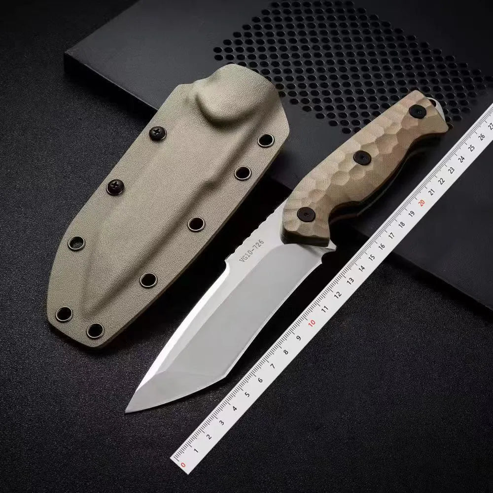 Beige-handled outdoor survival knife showing 260mm length and 130mm blade.
