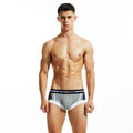 Men's cotton low-waist boxer briefs in red, dark blue, light grey colours showing hip-lift design