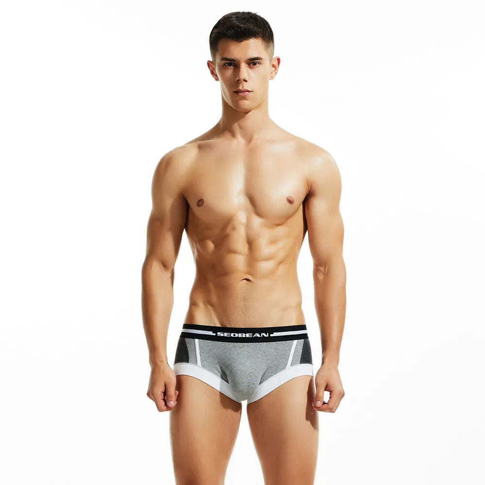 Men's cotton low-waist boxer briefs in red, dark blue, light grey colours showing hip-lift design