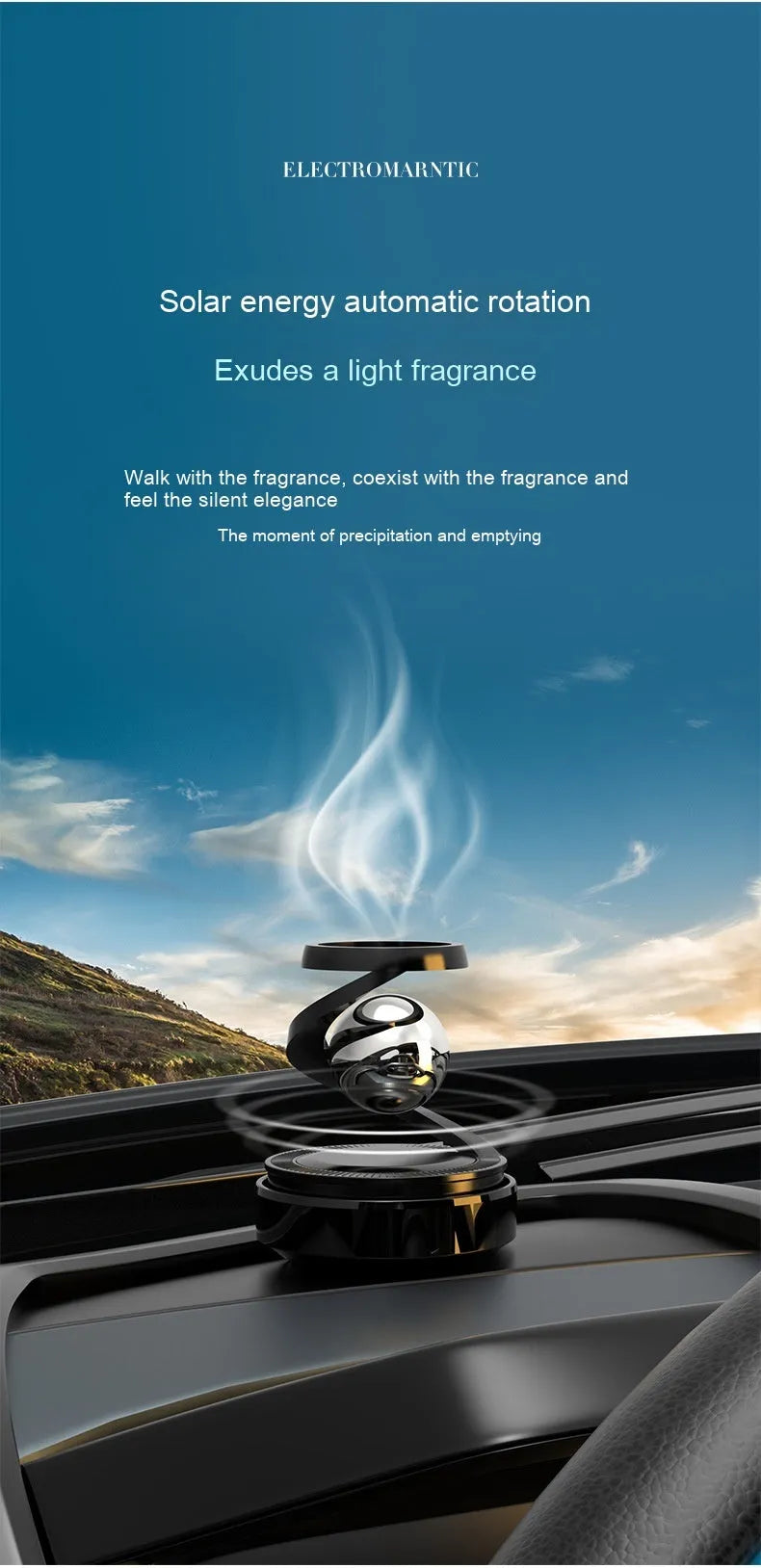 Solar-powered car perfume with decorative design and fragrance dispenser for vehicle interiors