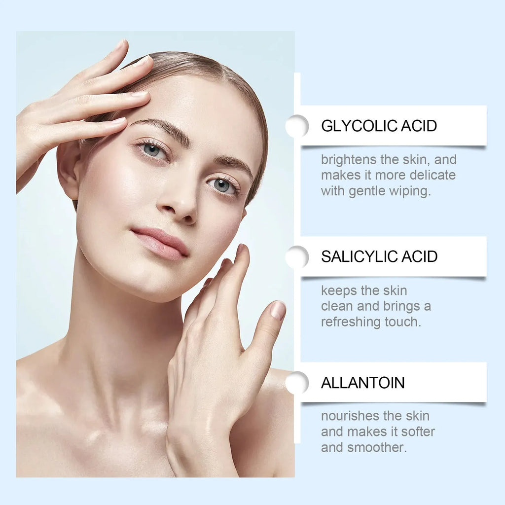 Pack of 60 pre-moistened glycolic acid and salicylate cotton exfoliating pads for skincare.