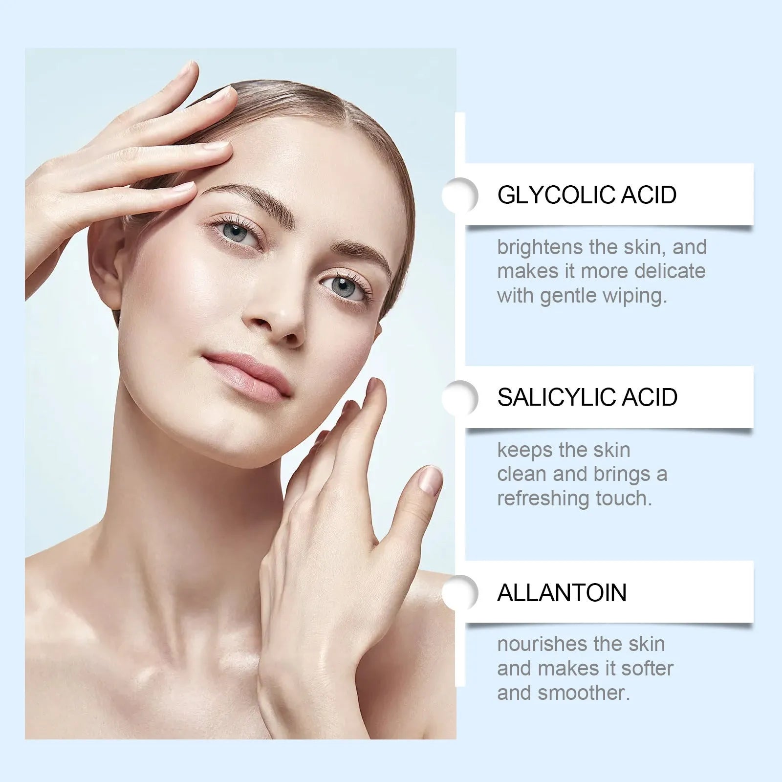 Pack of 60 pre-moistened glycolic acid and salicylate cotton exfoliating pads for skincare.