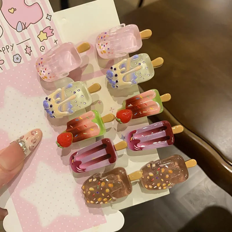 Cartoon ice cream design resin barrette hair clip in pink colour for women