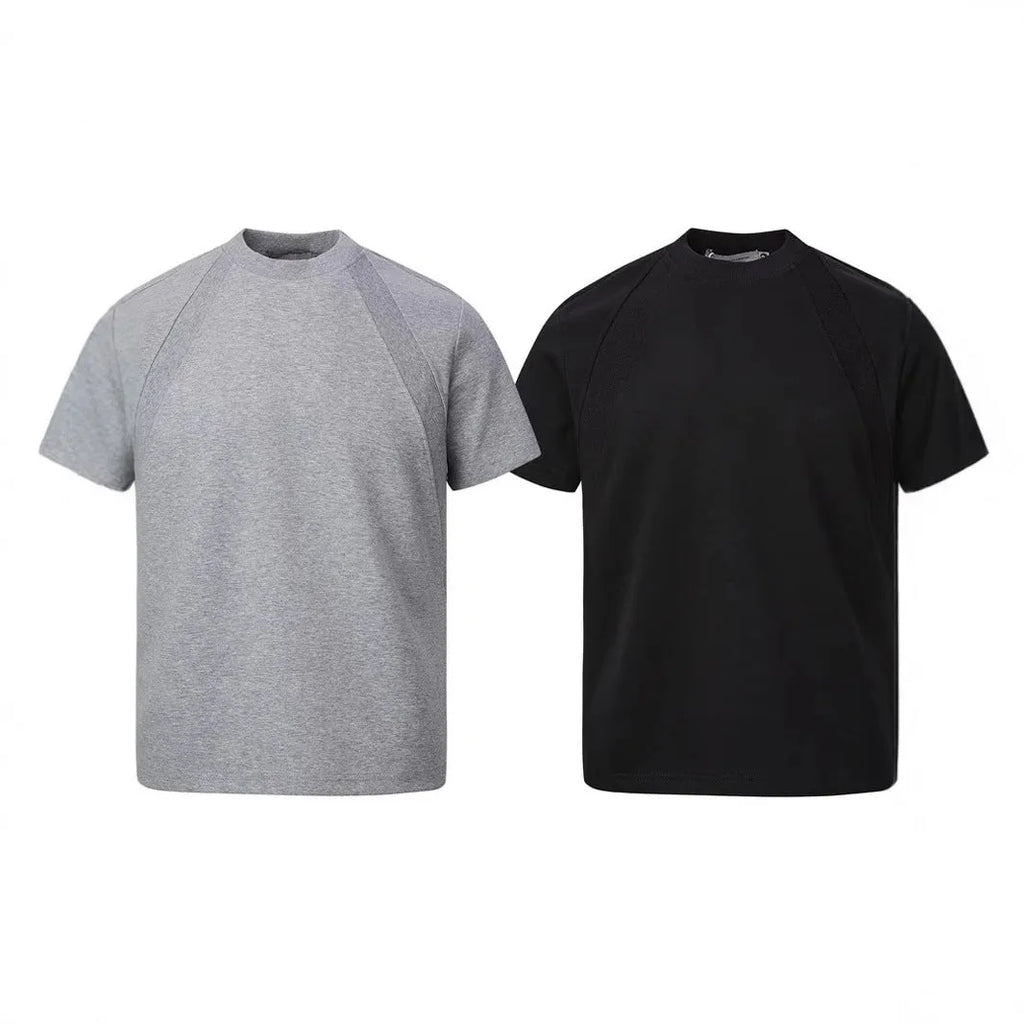 Air layer stitching short sleeve top in black, loose fit, polyester fabric, Asian sizing