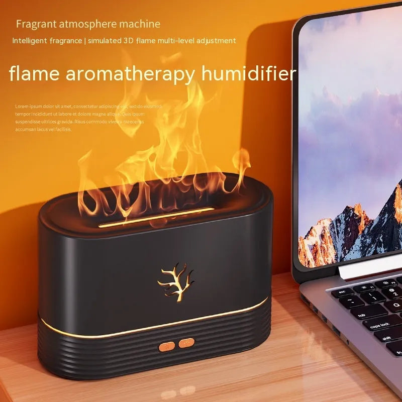 Square black or white USB flame humidifier with LED simulation fire effect and mist output.