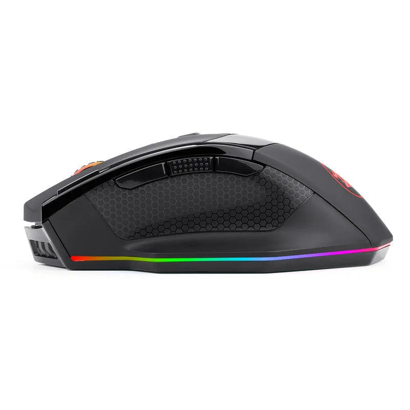 Black Redragon M801P wireless gaming mouse with nine buttons and ergonomic design measuring 120mm length