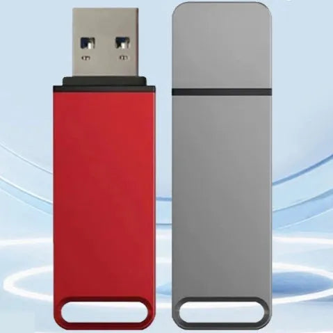 Black metal USB flash drive with custom graphic, showing 16TB capacity and compact size for portable storage