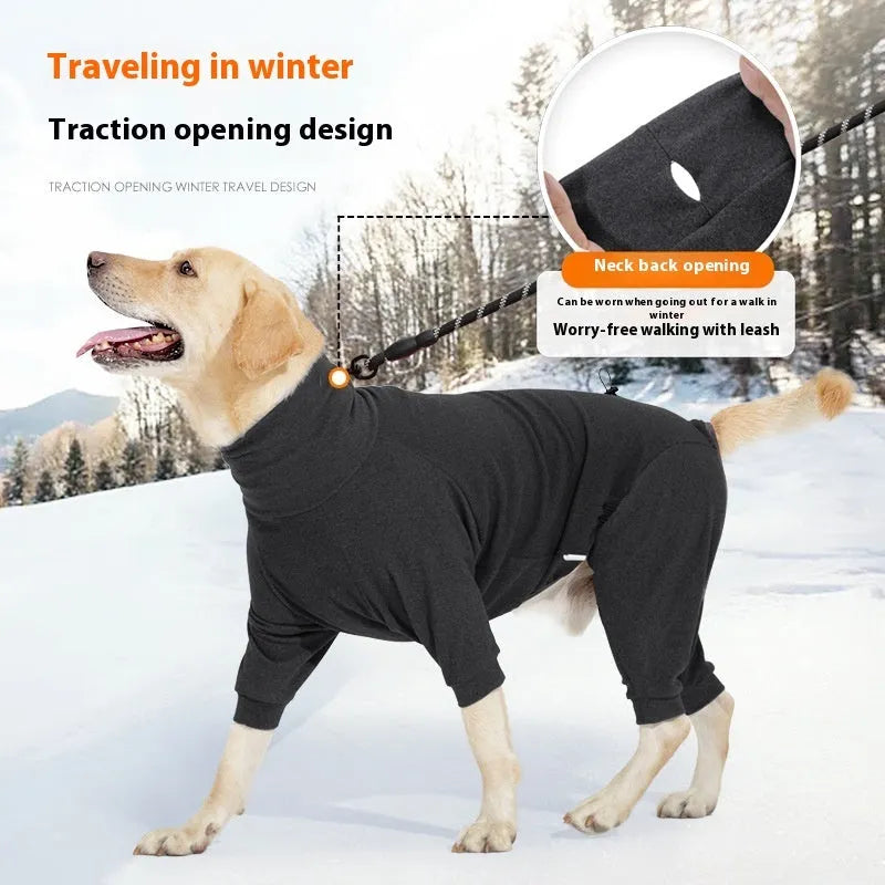 Dark grey polar fleece dog clothes with four legs and high collar design for winter wear