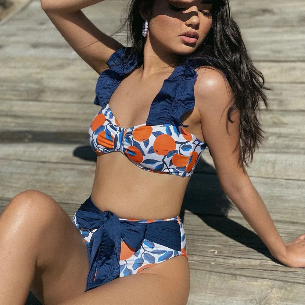 Women's blue leaf orange printed high waist bikini swimsuit with sleeveless design