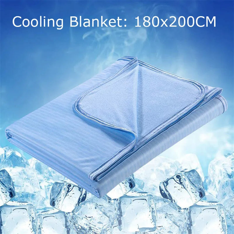 Blue cooling blanket with Japanese Q-Max 0.4 heat-absorbing fibres measuring 180cm wide