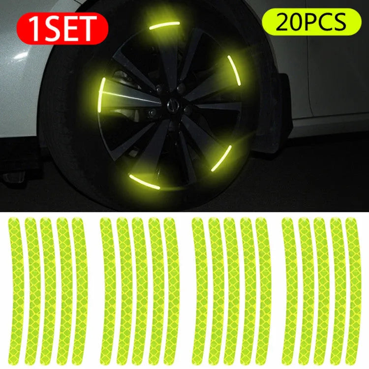 20-piece car wheel reflective stickers in arc shape with 11 colour options including fluorescent and luminous variants on wheel hub