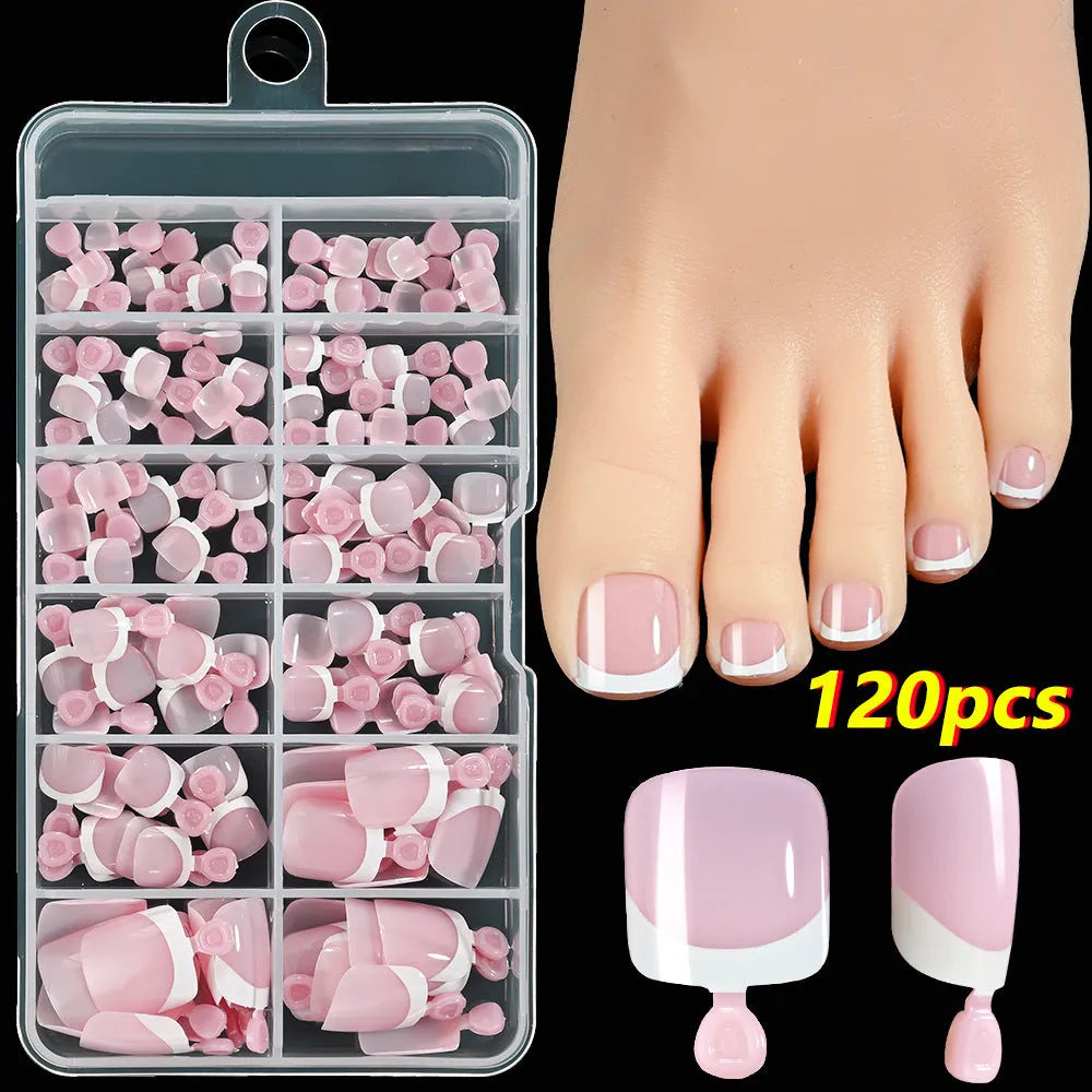 120 French white edge nude square short artificial toe nails in nine natural shades