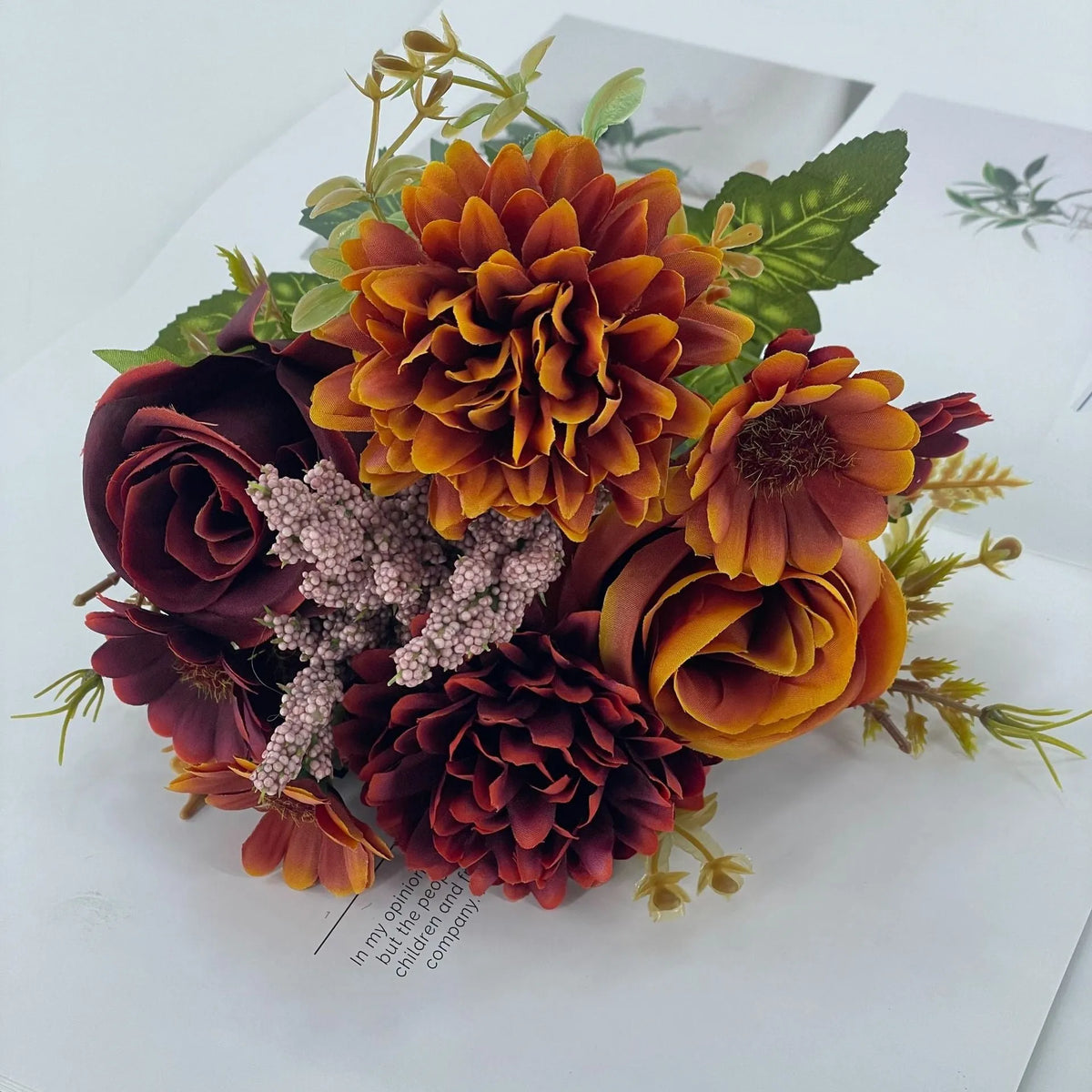 Close-up of an artificial Autumn Hydrangea silk flower bouquet in champagne colour