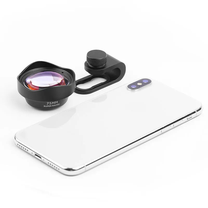 Universal mobile phone macro lens with protective cover and storage bag for close-up photography.