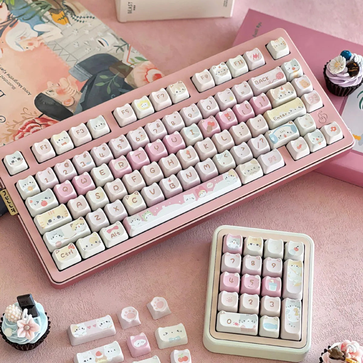 Meow Meow Team 141 key cap set with five-sided sublimation printing shown on mechanical keyboard