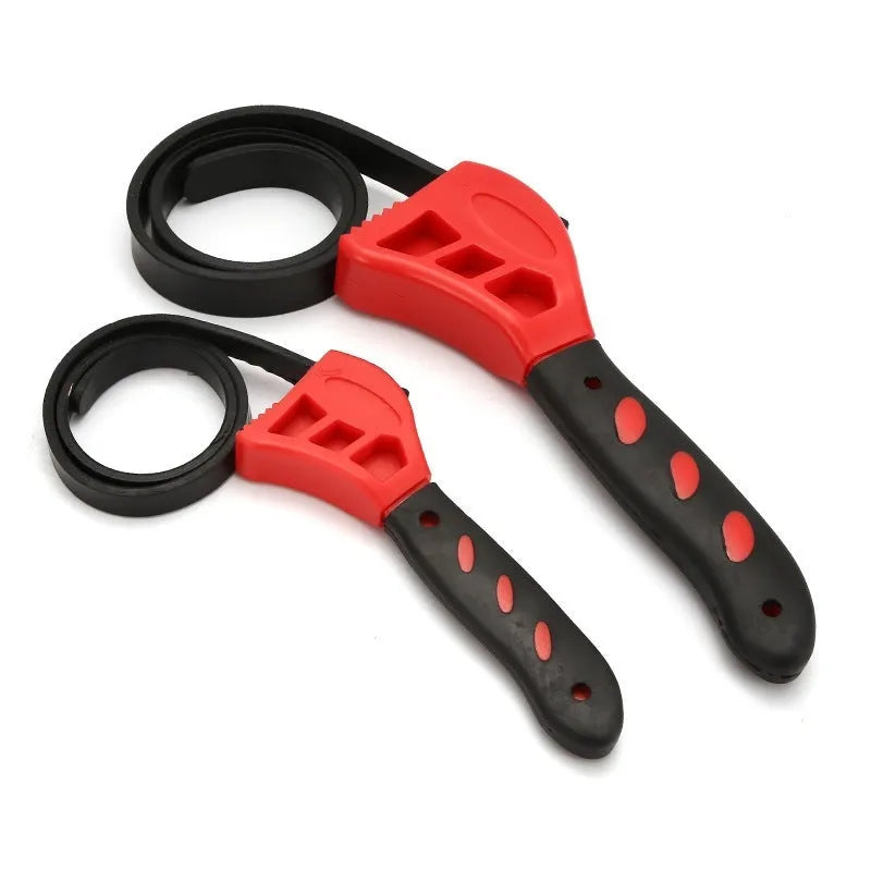 Adjustable rubber strap wrench set with phosphated finish, showing 6-inch and 8-inch sizes for filter and fitting maintenance