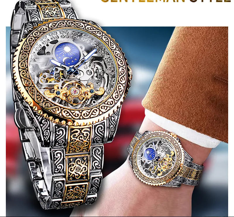 Forsining skeleton tourbillon automatic mechanical watch with stainless steel case and yellow finish