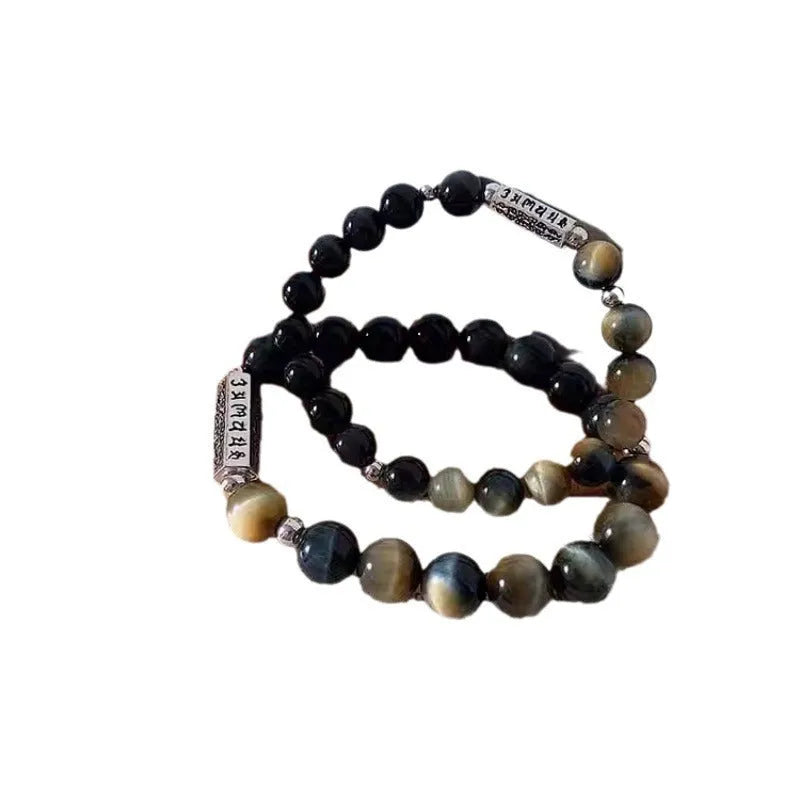Tigereye obsidian six words mantra couple bracelet in S925 sterling silver with geometric round design