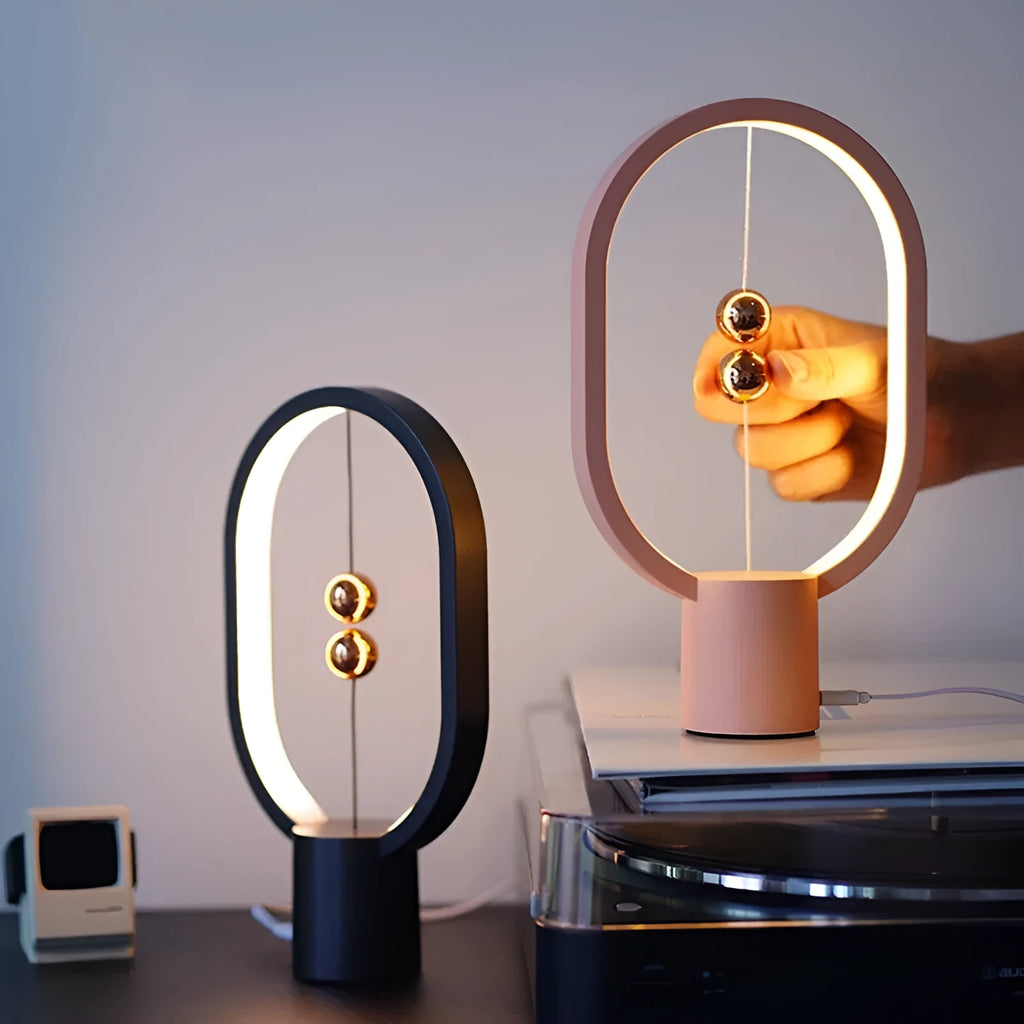 Mini magnetic switch USB LED table lamp with floating switch, plastic shade, available in black, green, pink, red, white, and wooden colour.