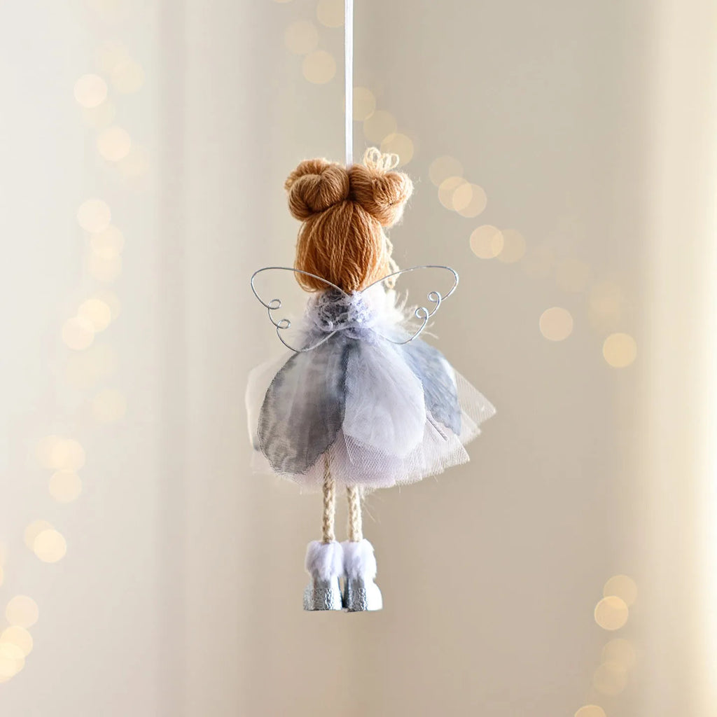 White Christmas tree ornament with mesh angel girl and snowflake pendant cartoon design