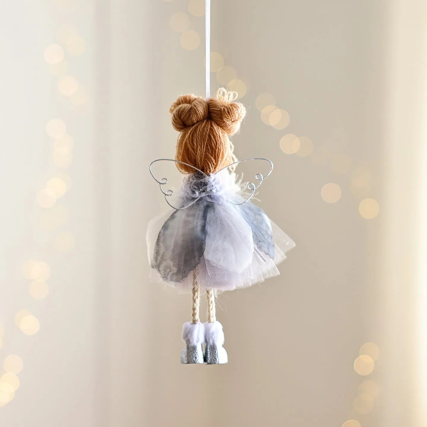 White Christmas tree ornament with mesh angel girl and snowflake pendant cartoon design