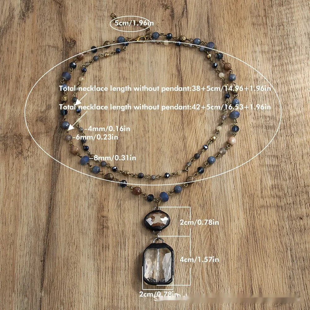 Two-layer tribal necklace with a stone and glass pendant on an alloy chain.