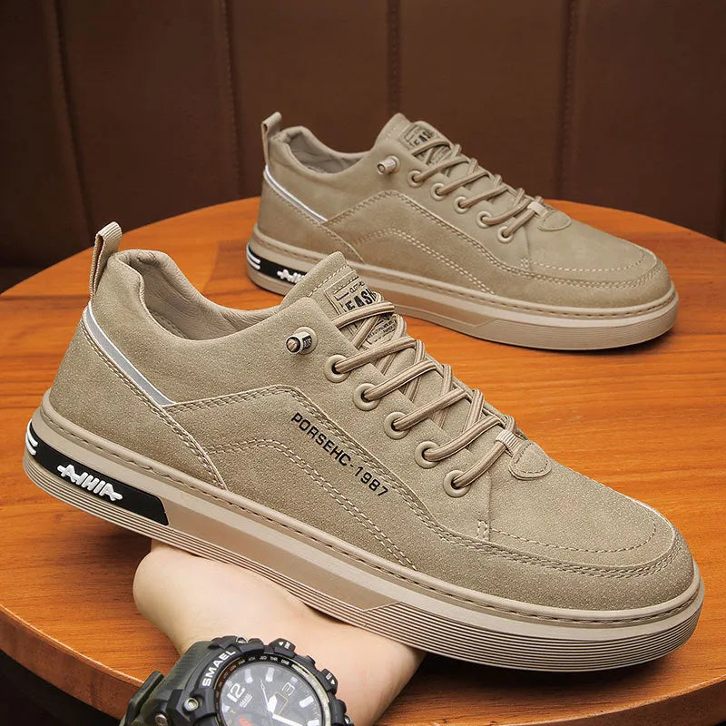 Men's casual work shoes with non-slip rubber soles and breathable PU upper in khaki colour