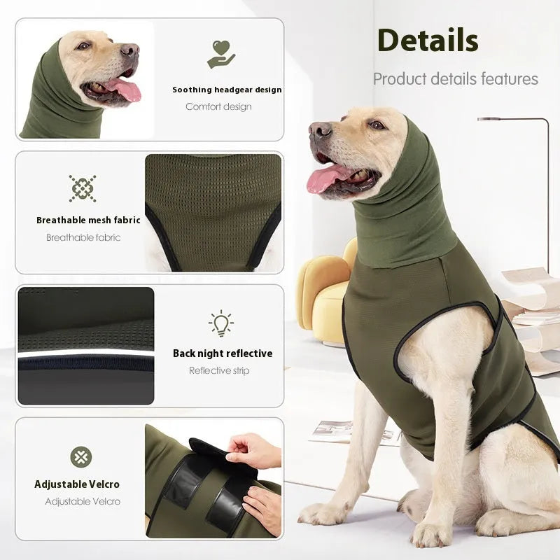 Army green dog anti-anxiety jacket wrapped around a dog's torso.