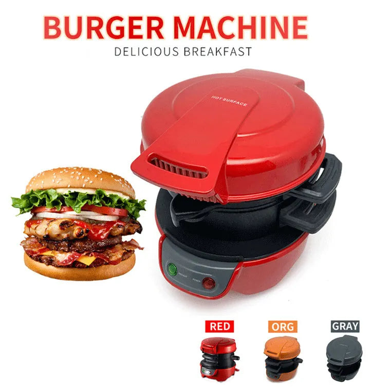 Household breakfast machine in bright red with sandwich maker and egg cooker ring, 22cm by 17.5cm size