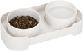 Ceramic elevated cat bowls with 15° tilted stand in green, white, or yellow, showing non-slip base and detachable bowls
