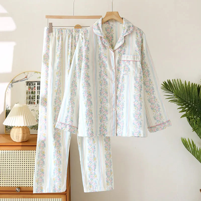 Japanese sweet ladies' homewear cotton double-layer gauze set with long sleeves and trousers in stripes or red fruit pattern