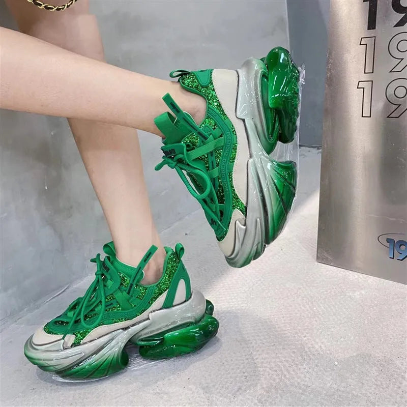 Women's leather sports shoes with thick soles, cross-tie closure, and jelly detailing in multiple colours