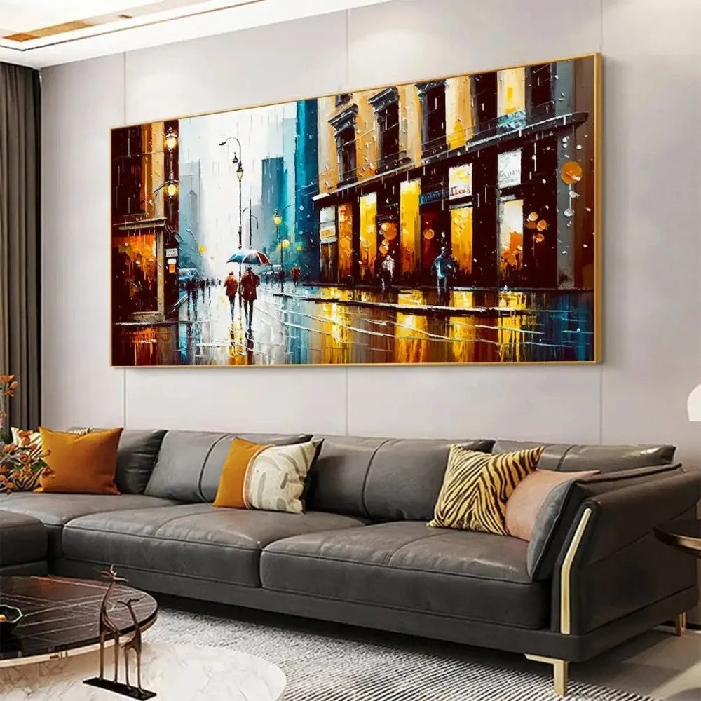 Handmade abstract urban architectural oil painting on canvas, horizontal framed-less rolled wall art for modern home decor