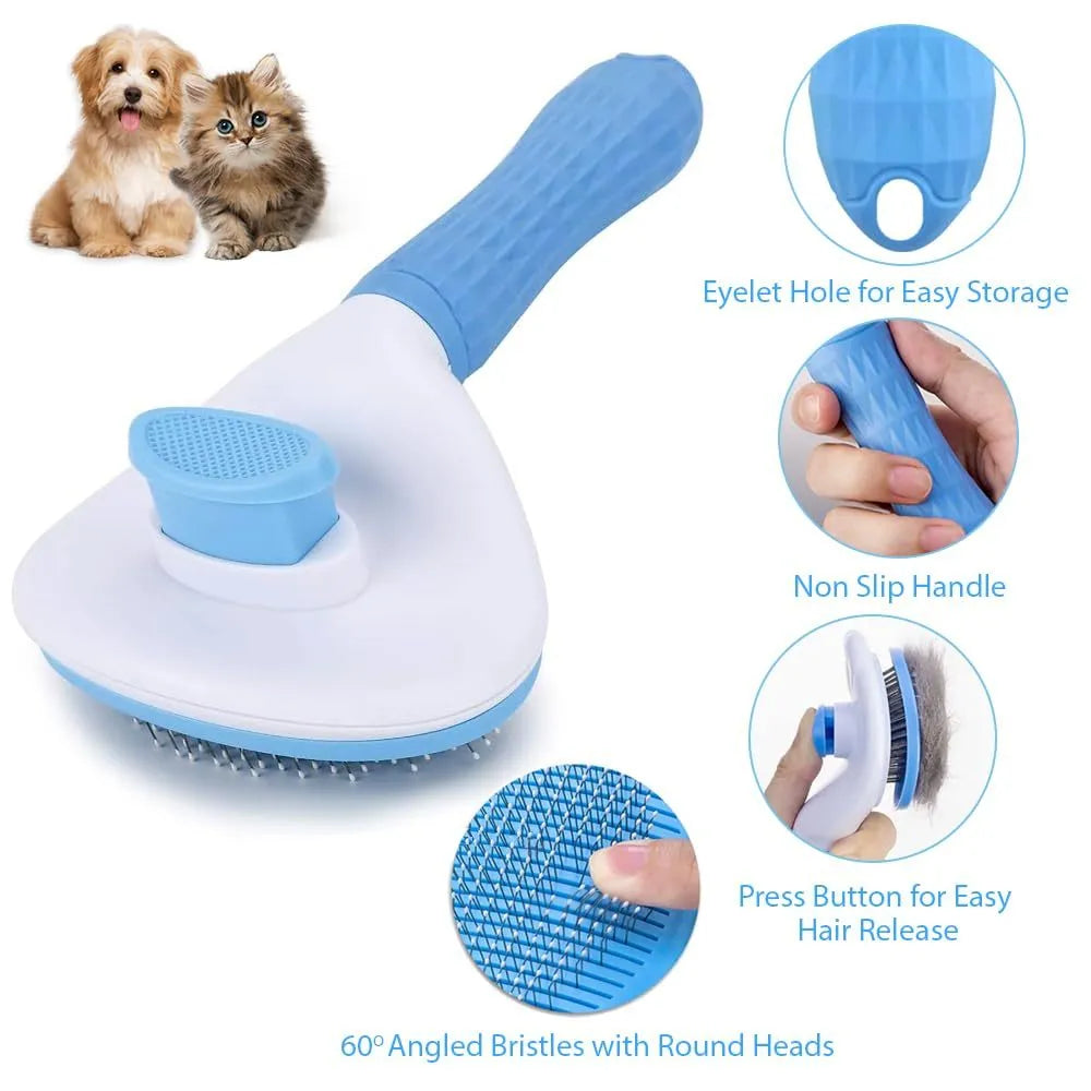 Blue cat grooming brush with release button and fine wire bristles for removing loose fur