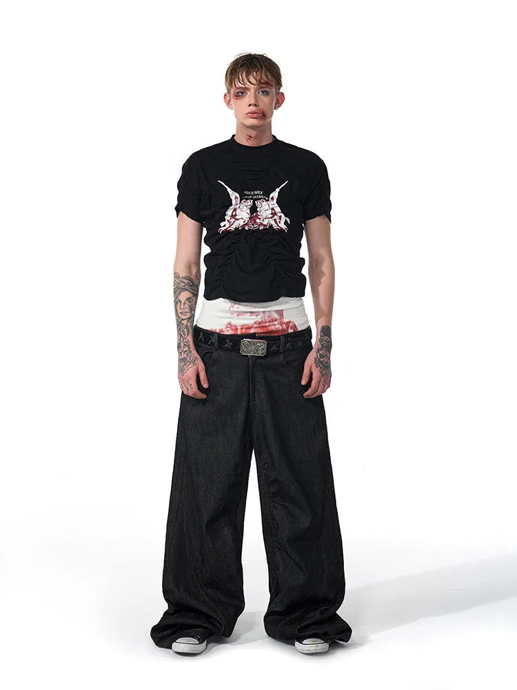Men's black summer t-shirt with printed pleating detail and slim fit design