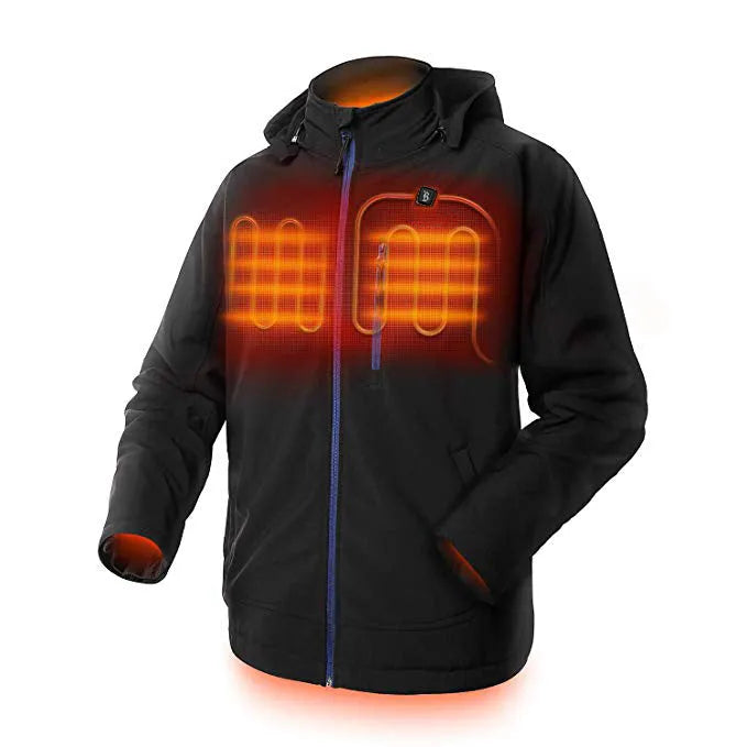 Black men's USB-heated waterproof windproof thermal coat with long sleeves and straight hem, showing zipper and pocket details.