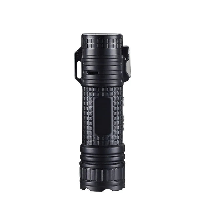 TH727 multi-function waterproof flashlight lighter in metal construction with colour options including camouflage, red, black, blue, and yellow
